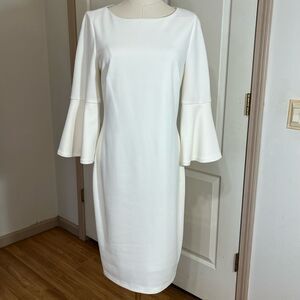 Calvin Klein White Sheath Ponte Knit Dress‎ Bell Sleeve Career Cocktail Party 6